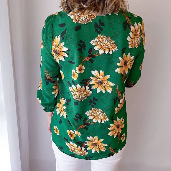 emerald green and yellow flower blouse - Picture 4 of 15
